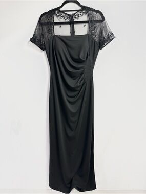 JS Boutique Black Beaded Mesh Yoke Long Dress